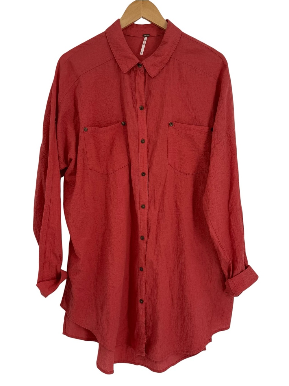 Free People Womens Oversized Button Down Shirt Coral Textured Cotton Size M